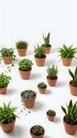 Assorted green houseplants in terracotta pots arranged on white background, including ferns, succulents, snake plants, and herbs isolated for design.