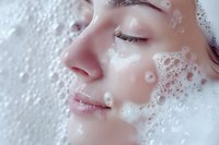 Young Asian woman with closed eyes and gentle facial features covered in white foam bubbles during skincare routine or spa treatment, side view closeup.