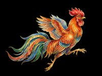 Colorful rooster with vibrant orange, red, blue and gold plumage isolated on transparent background. Ready for t-shirts, clipart, stickers, sublimation and print-on-demand designs.