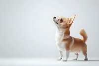 Adorable chihuahua puppy with cream and white fur standing alert on white background, looking up with curious expression. Isolated studio portrait for pet products.