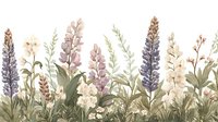 Delicate wildflowers arrangement with lupines and small white blooms in watercolor style, soft natural colors on white background, botanical border design for stationery.