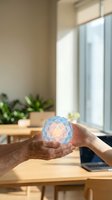 Two hands holding glowing blue geometric sphere with illuminated lattice pattern in modern office workspace with natural light, potted plants, and laptop for technology, innovation, and business concepts.