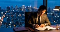 Focused businessman in suit working late at office desk with city skyline view through window. Professional executive reviewing documents during evening hours.