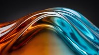 Smooth flowing waves of orange and blue liquid glass creating an abstract gradient effect against dark background.