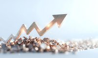 Glowing upward arrow trend emerging from scattered metallic particles against light background, representing financial growth and market success in business concept.