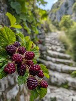 Fresh ripe blackberries growing on branch with green leaves against blurred rocky background. Natural organic wild berries in summer garden setting.