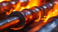 Hot glowing metal tubes in industrial manufacturing process, orange flames and heat treatment visible during metallurgical production line operation.