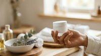 Mature woman's hands holding white cosmetic jar in bright bathroom with skincare products and natural ingredients on wooden counter.