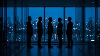 Business professionals silhouettes standing by office windows overlooking illuminated city skyline at night for corporate presentations and teamwork concepts.