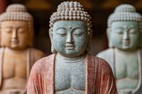 Serene stone Buddha statues in various colors with peaceful expressions, symbolizing meditation and spiritual tranquility in Asian religious traditions.