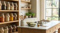 Organized kitchen pantry with glass jars containing dried goods, fresh herbs in pots, wooden countertop, and natural light from window for home organization and interior design projects.