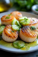 Pan-seared scallops with caramelized golden crust served on white plate with fresh cucumber slices, dill garnish and citrus butter sauce. Macro food photography.