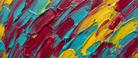Vibrant abstract painting with bold brushstrokes in red, yellow, and turquoise colors creating dynamic textured surface for modern art and design projects.
