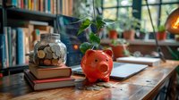 Smiling orange piggy bank with growing plant sprout and jar of coins on wooden desk with books, laptop, and warm lighting, symbolizing financial growth.