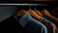 Stylish clothing rack with wooden hangers displaying dark denim shirt and floral pattern dress in moody lighting, creating atmospheric retail or closet scene.