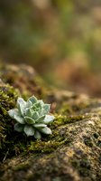 Tiny succulent rosette with frosted leaves growing on moss-covered stone, shallow depth of field emphasizing delicate desert plant in natural garden setting.