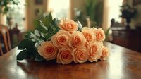 Bouquet of fresh peach roses with green leaves lying on wooden table in cozy interior, romantic gift for special occasion.