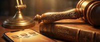 Wooden gavel rests on legal books with scales of justice in background, representing digital jurisprudence and modern legal technology concepts.