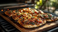 Grilled flatbread pizzas topped with melted cheese, fresh herbs, and colorful vegetables on rustic wooden serving board. Golden crust with charred edges creates appetizing texture.