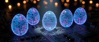 Glowing neon brain icons with circuit patterns on dark tech background with bokeh lights, representing artificial intelligence, neural networks, and digital innovation for technology concepts.