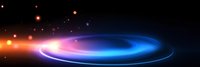 Glowing spiral light trail with orange and blue neon colors against dark background creates dynamic motion effect for technology and space designs.