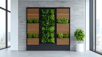 Modern vertical garden with wooden slats mounted on gray brick wall, featuring lush green plants in alternating pattern. Natural biophilic interior design element.