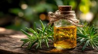 Small glass bottle with cork stopper containing golden herbal oil, decorated with twine bow, surrounded by fresh rosemary sprigs on rustic wooden surface.