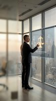 Professional businessman interacting with futuristic legal technology interface displaying justice scales and legal innovation concepts in modern office.