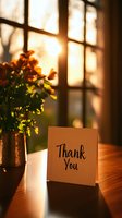 Thank you card on wooden table near window with potted flowers at sunset, creating warm atmospheric lighting and long shadows for gratitude concept.