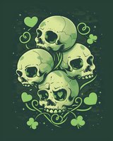 Green skulls with shamrock and heart decorative elements on dark background create mystical St Patrick's Day themed composition for apparel and merchandise design.
