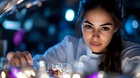 Young woman with long dark hair and olive complexion wearing white shirt, reaching toward glowing digital interface with bokeh lights in futuristic setting. Technology concept.