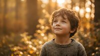 Young boy with curly hair smiling in autumn forest with golden sunlight filtering through trees creating warm bokeh background for family portraits.