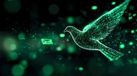 Glowing green digital dove with mail envelope icon flying through dark space with bokeh light effects and particle trails. Digital communication concept.