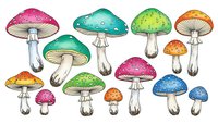 Colorful fantasy mushrooms collection with vibrant caps in pink, green, blue and orange tones isolated on white background for creative design projects.