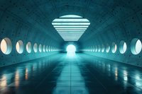 Futuristic underground tunnel with glowing geometric light fixture and circular windows creating perspective depth, reflective floor in cyan tones.