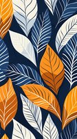 Seamless botanical pattern with orange, white and navy blue leaves on dark background. Modern floral motif for fabric, wallpaper and surface design.