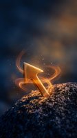 Glowing golden arrow emerging from rocky surface with magical light trails and sparkling particles against dramatic blue background for business growth concepts.