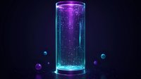 Glowing cylindrical container with luminescent blue and purple liquid surrounded by floating spheres on dark background. Magical science concept.