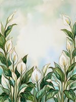 Watercolor peace lily flowers frame with green leaves on soft pastel background for wedding invitations and botanical greeting cards.