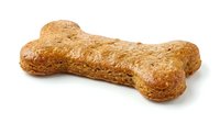 Dog bone-shaped treat with golden-brown baked texture, isolated on white background. Perfect for pet food packaging, veterinary materials, and animal care marketing.