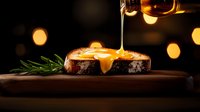 Dripping golden honey on dark bread slice with fresh rosemary sprig against blurred bokeh lights background creates appetizing food composition.