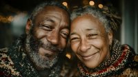 Happy elderly African American couple embracing and smiling warmly with festive bokeh lights creating romantic atmosphere for holiday celebrations and love.