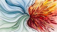 Abstract watercolor explosion with dynamic flowing lines in blue green orange red creating energetic burst pattern for modern art design backgrounds.
