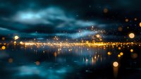Magical nighttime cityscape reflected in calm water with glowing bokeh lights and moody turquoise sky, creating dreamy atmospheric scene for background designs.