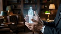 Businessman holding glowing holographic human figure in hands representing digital transformation, AI technology, and human resources management concepts.