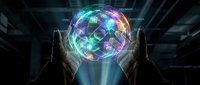 Futuristic holographic sphere with geometric patterns floating above hands in dark technological environment with glowing neon lights and digital interface elements.