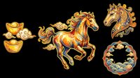 Ornate golden horse with flowing mane and decorative Asian-inspired patterns, isolated on transparent background. Includes matching gold ingots and ornamental circular frame element. Ready for t-shirt design, clipart, stickers, sublimation, and print-on-demand projects.
