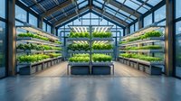 Modern vertical farming greenhouse with tiered hydroponic growing systems, LED grow lights, and lush green plants in controlled environment agriculture facility for sustainable food production.