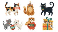 Cartoon cats and gift box isolated on white background, ready for design use on merchandise, greeting cards, and promotional materials.