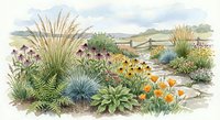 Watercolor garden landscape with native plants, grasses and wildflowers along stone pathway. Botanical illustration for landscaping and gardening projects.